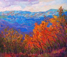 an oil painting of mountains and trees in the fall with orange leaves on it's branches