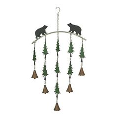 a bear and cub wind chime hanging from a metal rod with trees on it