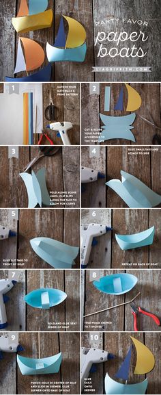 the instructions for how to make paper boats with scissors and plywood strips are shown