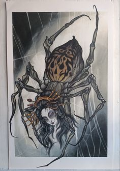 a drawing of a spider with a woman's head in the middle of it