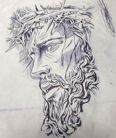 a drawing of the face of jesus wearing a crown of thorns on his head