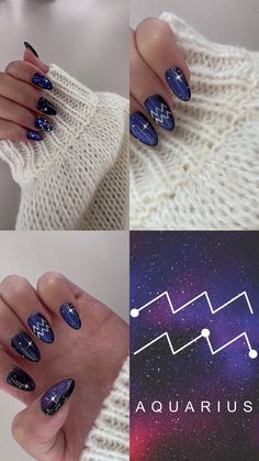 Inspired by the colors of the galaxy and the shining stars acrylic almond shaped nails with nail art representing the Aquarius symbol #naildesign #nailart #nailinspiration #purplenails #aquarius Aquarius Themed Nails