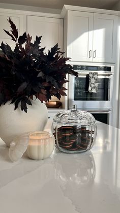 a white vase filled with leaves next to a candle on a counter top in a kitchen