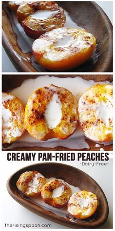 three different views of some food on a plate with the words creamy pan - fried peaches