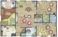 a drawing of a floor plan with furniture and decor on the top, an open kitchen in the middle