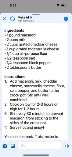 an iphone screen showing the instructions for making macaroni and cheeses on it