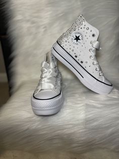 Quince Sneakers, Bedazzled Converse, Converse Hightop, Ears Tour, Bridal Converse, Bling Converse, Custom Jordans, Bling Design, Custom Bling