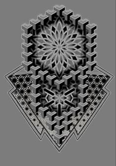 an abstract black and white design with geometric shapes in the center, on a gray background