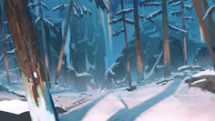 a snow covered forest filled with lots of trees and sleds on the ground