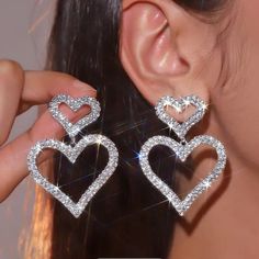 Exquisite Hollow Heart Earrings Fashion Hollow Heart, Rhinestone Heart, Gold Earrings Dangle, Rhinestone Earrings, Earrings Silver, Stone Earrings, Wedding Earrings, Jewelry Party, Heart Earrings