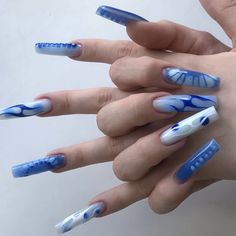 Three Tone Nails, Sza Singer Nails, 22nd Birthday Nail Ideas, Sza Inspo Nails, Nail Ideas Y2k Long, Aesthetic Blue Nails, W A Y S Tattoo, Blue Nails Aesthetic