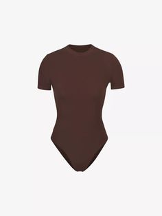 a women's bodysuit with short sleeves and an open back, in brown