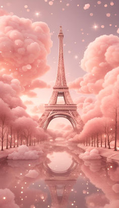 the eiffel tower is surrounded by pink clouds