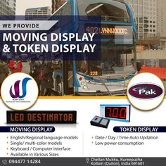 an advertisement for a moving display and token display in front of a cityscape