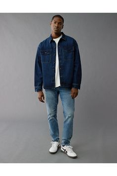 AirFlex+/Authentic denim look with flexibility and comfort you have to feel to believe./High stretch level that keeps its shape/Medium wash/Light distressing Medium Wash Slim Fit Jeans, Slim Fit Medium Wash Jeans, Dark Wash Relaxed Fit Denim Jacket, Stretch Light Wash Denim Jacket, Casual Denim Blue Outerwear With Five Pockets, Light Indigo Denim Jeans For Fall, Fall Light Indigo Denim Jeans, Denim Outerwear With Five Pockets In Relaxed Fit, Casual Stretch Denim Jacket