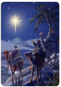 three wise men riding on camels in the desert at night with a star above them