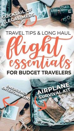 travel tips and long haul essentials for budget travelers on a wooden table with text overlay