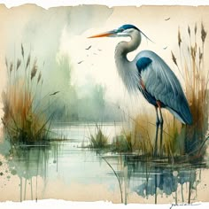 a painting of a blue heron standing in the water