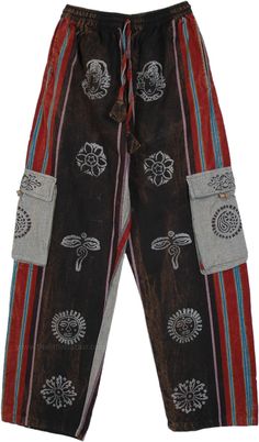 These hand-loomed cotton (called shamma cotton) loose fit pajama-style trousers are apt for reflecting a Bohemian look while staying comfortable.  The stonewashed fabric is accentuated with block printing, and together with box-pockets and red stripes on inseam and the outer seam give a perfect casual look. #tlb #SplitSkirtsPants #Stonewash #Misses #Pocket #Unisexbohopants #FestivalPants Comfortable Trousers Women, Hippy Punk Style, Cool Pajama Pants, Dark Red Dress Casual, Bohemian Brown Cotton Pants, Red Cotton Hippie Pants, Hippie Red Cotton Pants, Hippie Bottoms With Pockets For Festivals, Baggy Cotton Cargo Pants For Festival