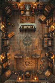 an overhead view of a library with many bookshelves and clocks on the wall