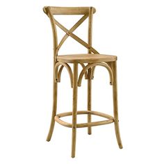 a wooden bar stool with a cross back