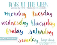 watercolor hand painted days of the week clipart for teachers and students to use on their calendars