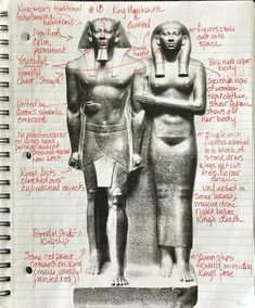 an open notebook with some writing on it and pictures of two egyptian women standing next to each other