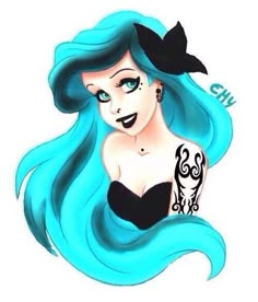 a drawing of a woman with blue hair and tattoos on her chest, wearing a black bra