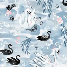 a watercolor painting of swans and flowers on a blue background with pink, white, and black accents