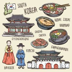 hand drawn illustrations of south korea and its cuisines, including rice, chicken, soup