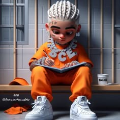 a cartoon character sitting on top of a wooden bench next to jail cells holding a book