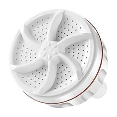 a white plastic strainer with holes on the side and red trimming around it