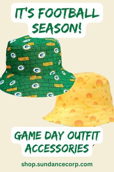 two green bay packers hats with the words it's football season game day outfit accessories