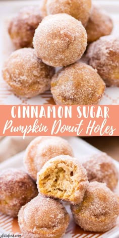 cinnamon sugar pumpkin donut holes are stacked on top of each other with the bite taken out