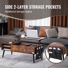 a living room with couches, tables and storage compartments on the side - 2 - layer storage pockets