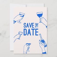 save the date card with hand holding wine glass and toasting glasses in blue ink