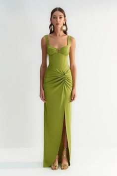 Light Green Side Slit Detailed Maxi Dress Length from Shoulder: 160 cm 95% Polyester, 5% Elastane Model Measurements: Height: 1.77 Bust: 83 Waist: 58 Hips: 89 cm  Model is wearing size S Sage Green Bodycon Midi Dress, Light Green Gown Elegant, Summer Formal Dresses Long, High Low Evening Dresses Elegant, Light Green Evening Dress, Wedding Guest Dress Off The Shoulder, Wedding Guest Dress Italy Summer, Colorful Formal Dress, Cool Formal Dresses