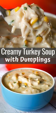 creamy turkey soup with dumplings in a blue bowl