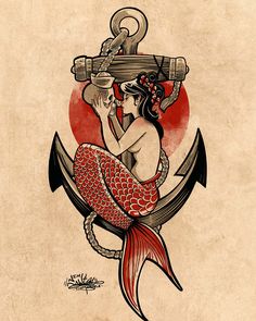 a drawing of a mermaid sitting on top of an anchor