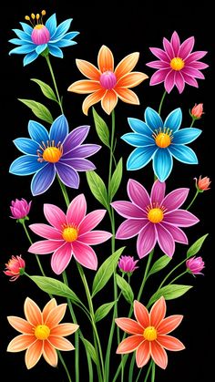 a bunch of colorful flowers on a black background