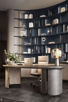 a room with a desk, chair and bookshelf full of shelves filled with books