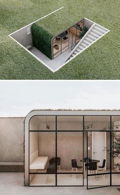 two photos side by side one shows a small house and the other shows an open air living area