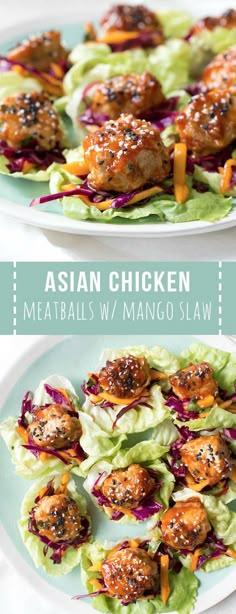 Wrap saucy chicken meatballs and fresh mango slaw with crunchy butter lettuce to create these Asian Chicken Meatball Lettuce Wraps with Mango Slaw! Enjoy them for lunch, dinner or as an appetizer. #chicken #meatballs #dinner #lunch #recipe #mango #healthy #lowcarb #appetizer Meatball Lettuce Wraps, Appetizer Chicken, Asian Chicken Meatballs, Meatballs Dinner, Saucy Chicken, Mango Slaw, Recipe Mango, Chicken Meatball, Butter Lettuce