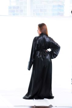 Evening Kimono With Satin Finish And Kimono Sleeves, Evening Kimono With Satin Finish, Evening Robe With Satin Finish, Long Evening Robe With Satin Finish, Long Satin Evening Robe, Evening Satin Maxi-length Abaya, Evening Satin Maxi Abaya, Black Silk Long Sleeve Robe, Elegant Black Satin Kimono