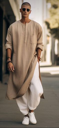 Men’s Kurta Style, Desert Men Outfit, Mens Boho Outfit, Trendy Kurta For Men, Kaftans For Men, Men Kurta Designs Style, Linen Outfits For Men, Linen Outfit Men, Boho Clothing Men