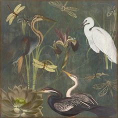 a painting of birds and flowers on a green background with dragonflies, water lilies, and other plants