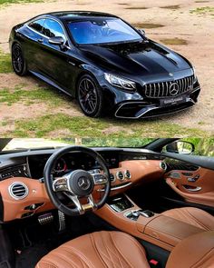 the inside and outside view of a black mercedes benz coupe with brown leather seats, steering wheel