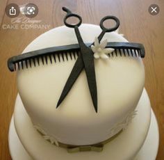 there is a cake with scissors on it and hair combs attached to the top