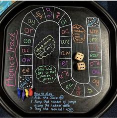 a chalk board with dices on it and writing on the board next to each other