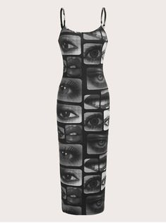 Premium Quality Multicolor ICON Eye & Lip Print Cami Bodycon Dress Sz XS S M L, Fashion Women's Dresses Y2k Fashion Dresses, Cami Bodycon Dress, Eye Clothes, Lip Print, Shein Icon, Graphic Dress, Lips Print, Little Outfits, Dream Clothes